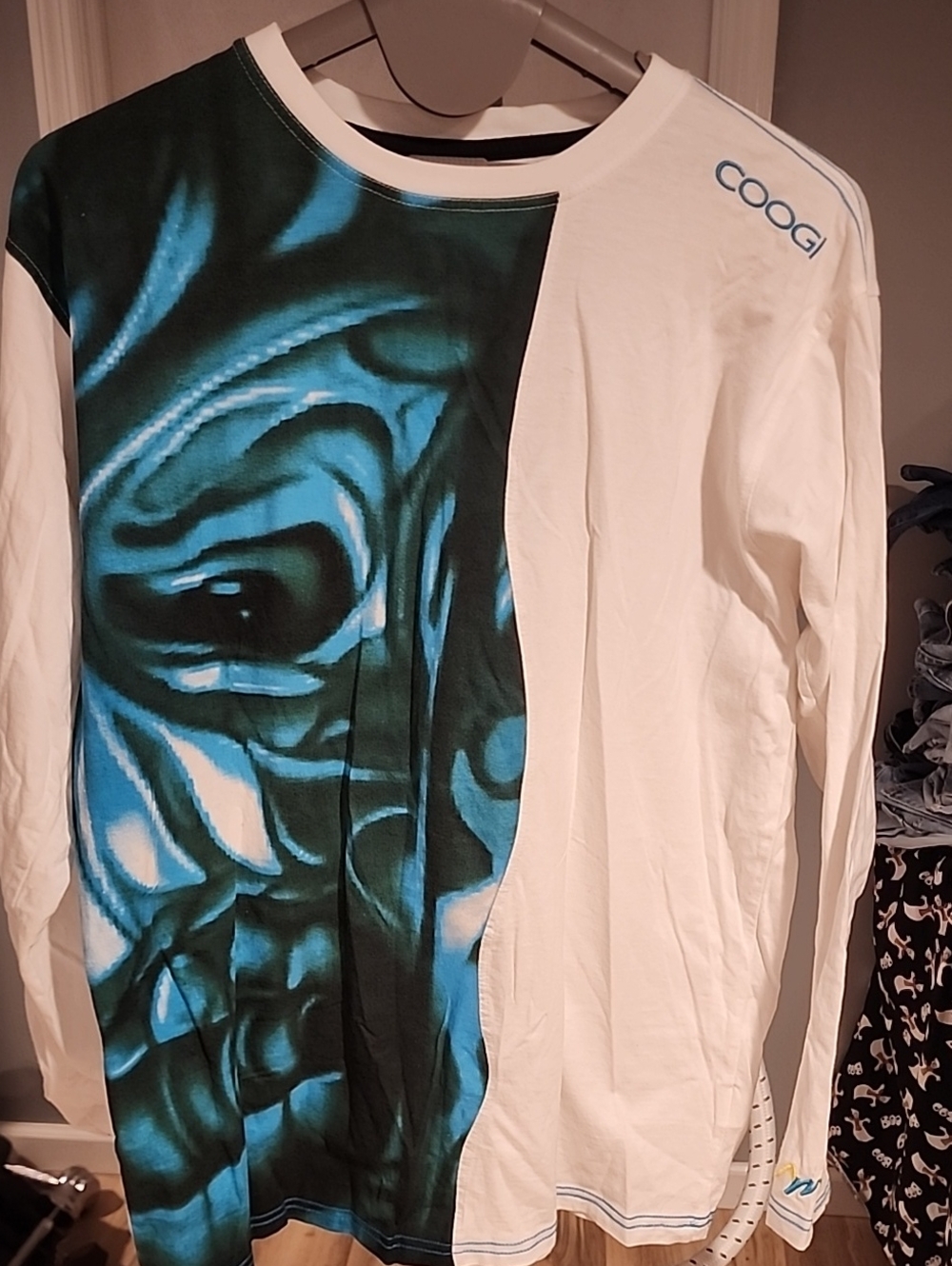 COOGI White and Teal Graphic Long Sleeve Shirt